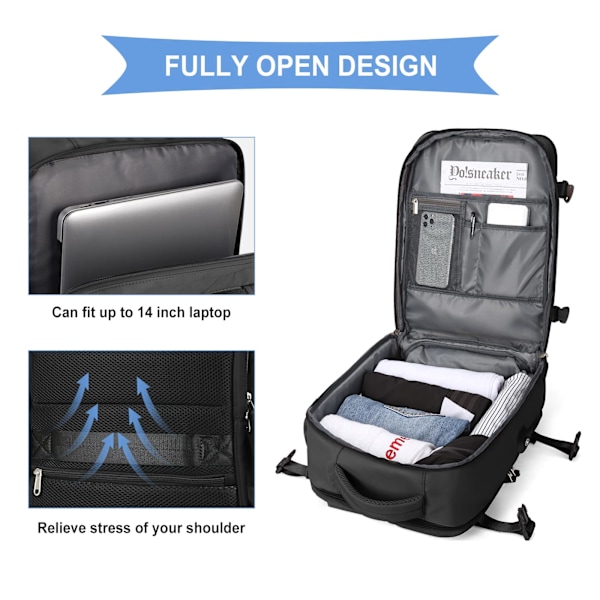 Kabinekufferter 45x30x16 Underseat Rygsæk til Flyrejser Håndbagage Underseat Carry On Rygsæk Laptop Rygsæk Dame Rejserygsæk med Sko-rum,D black