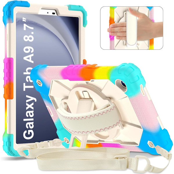 Tablettikotelo lapsille, Samsung Galaxy Tab A8 10,5 tuumaa 2021, 3-in-1 Sateenkaaren värit Iskunkestävä silikonikotelo kynätelineellä, olkahihnalla, käsiremmi