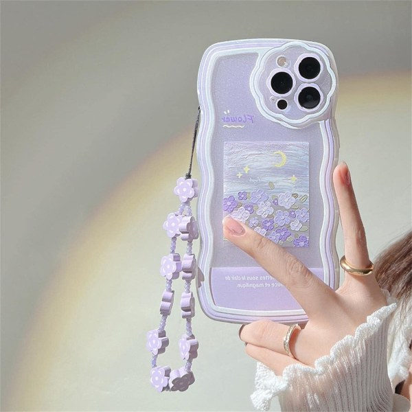 Kompatibelt med iPhone 12 Pro Max skal med sött lila blommönster Design Estetisk kvinnor iPhone 12 Pro Max + Kedjeblomma