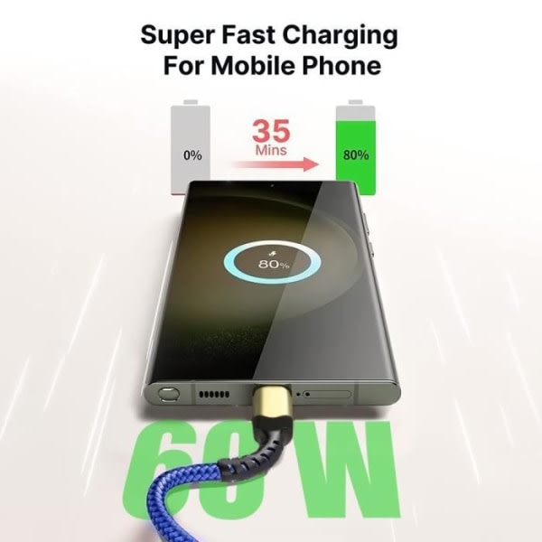 CQBB 2-pack USB-C till USB-C-kabel 60W snabbladdning för Xiaomi Redmi 11A 10A 10C 9 9A 9C 9T - 1M flätad nylonblå