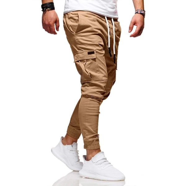 Herre Flap Pocket Snøre Elastisk Talje Cargo Bukser Khaki M zdq