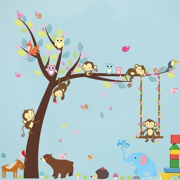 Tecknad Monkey Tree Jungle Animal Theme Wall Art Tarraseinä