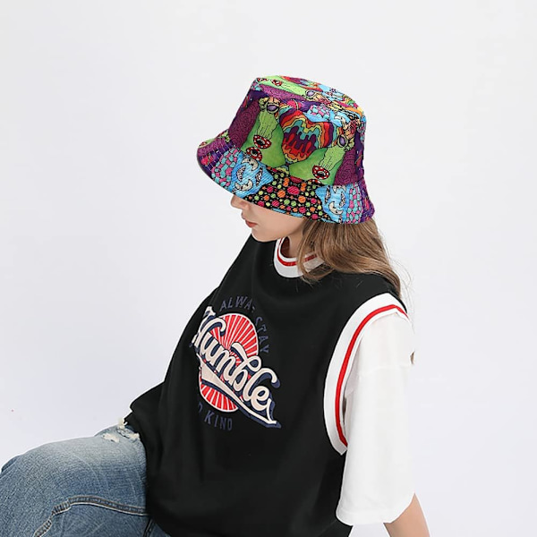 Sød bucket hat strand fiskerhatte til kvinder, vendbar dobbeltsidet slid Psychedelic Mushroom