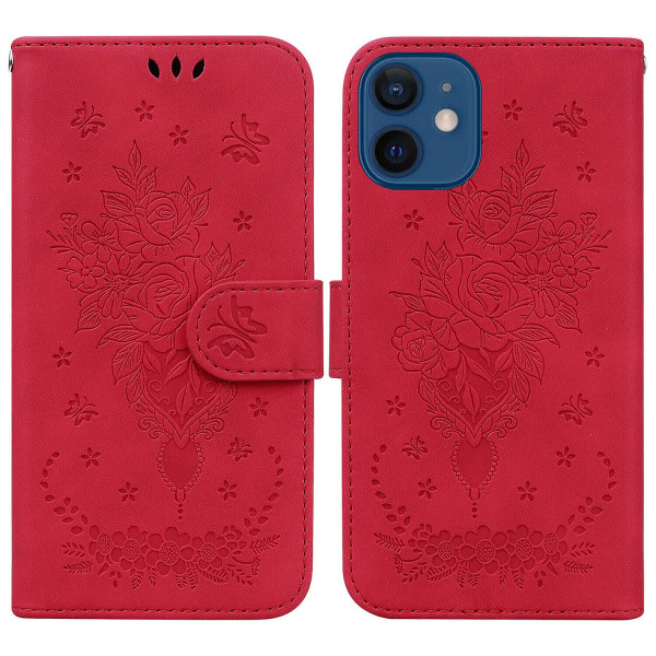 Case För Iphone 12/12 Pro Cover Coque Butterfly ja Rose Magneettinen Lompakko Pu Premium Läder Flip Card Holder Phone case - Röd Punainen ei mitään