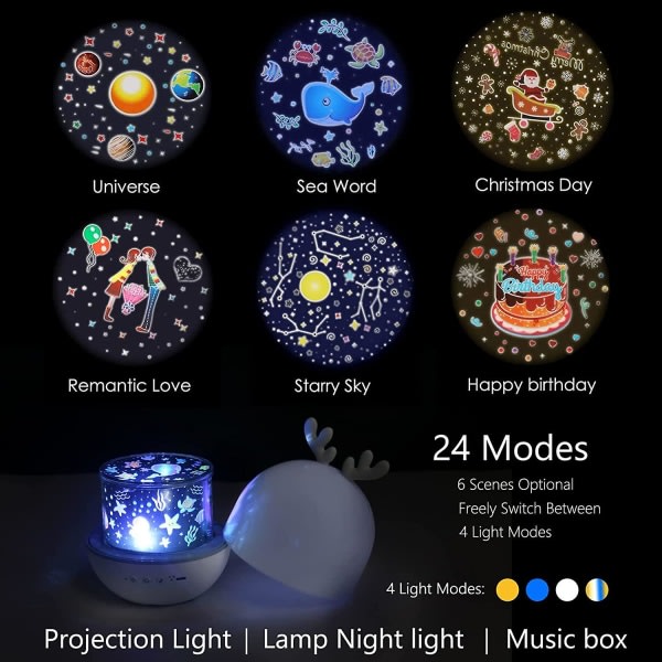 Barns nattljus Projektor Stjernlampa, 360 rotationsmusik+timer+fjärrkontrol, 6 farver, ledljus, fawn