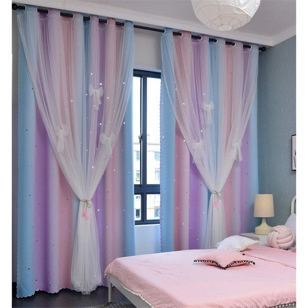 Fönster Barnkammare Gardiner 200 cm Långa Rum Mörkläggningsrep Ring 2 Lager (Rosa Lila, Bredd 1,5 * Höjd 2,0 m per Styck [Skicka Rosett])