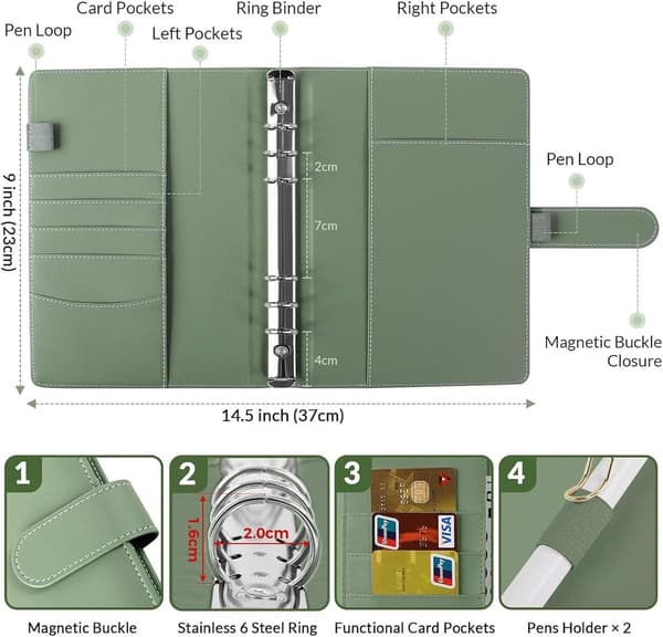 A5 PU-skinnmappe - Påfyllbar 6-ringsperm - A5 notatbokmappe - Budsjettmappe
