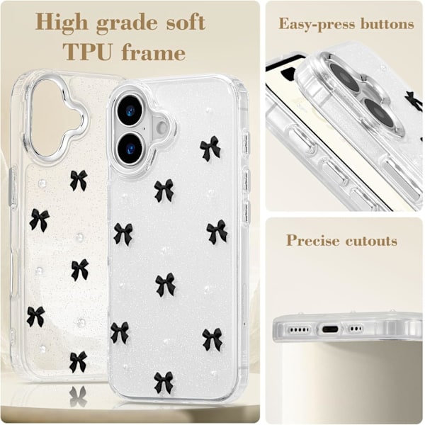 Skal för iPhone 16, Bling Glitter 3D Rosett Mobilskal Sött Glittrande Kristallklart Rosett Slim Mjukt Tåligt Skyddande Skal Svart Black iPhone 16
