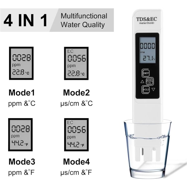 Vattenkvalitetsmätare, 3 i 1 LCD digital vattenkvalitetstestare med bakgrundsbelysning, TDS/EC vattentestare för dricksvatten, pool, akvarium