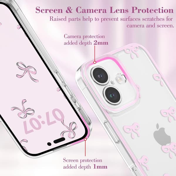 Case for iPhone 16 Plus, Transparent Cute Ribbon Bow Pattern Aesthetic Clear Phone Case Raised Camera Protection for Girls - Pink iPhone 16PLUS