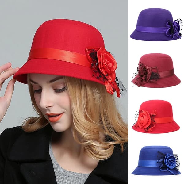 Filt Hat Fall Cloche Spand Blomster Hat Elegant Dame_tfrf Jujube red