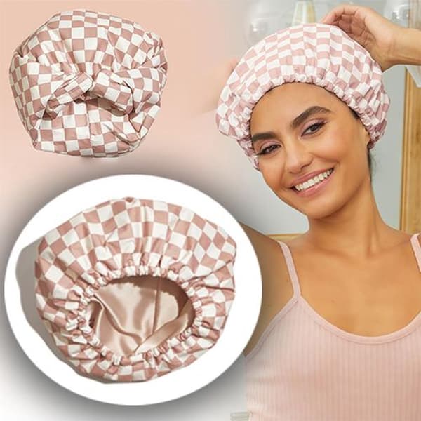 Dusjhette med satengfôr, vanntett polyester, justerbar gjenbrukbar romslig passform for kvinner og menn, langt hår, khaki