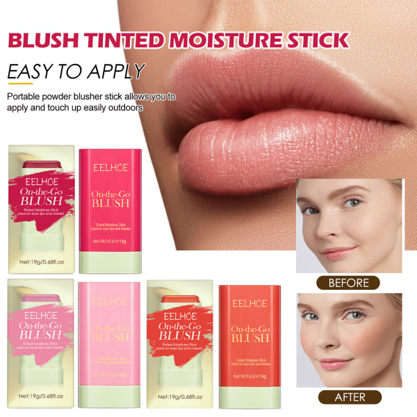 EELHOE Blush Stick Naturlig Lättvikt Naken Ljusande og konturerende 3D Highlight Delikat Vattentät multifunktionel Blush Stick Pink