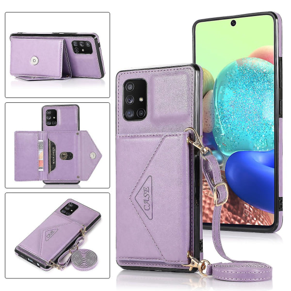 Samsung Galaxy A51 4g case med korthållare, stativ, rem för kvinnor Crossbody- case Pu- cover violetti