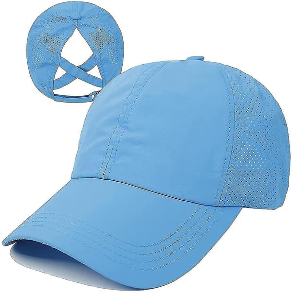 Baseballkasket til damer med krydset hestehale, justerbar høj rem, ventilerende mesh blue