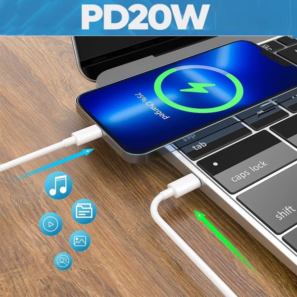 iPhone Snabbladdare USB-C Strömadapter 20W + 2m Kabel Vit (4 Laddare & 4 2m Laddningskablar)