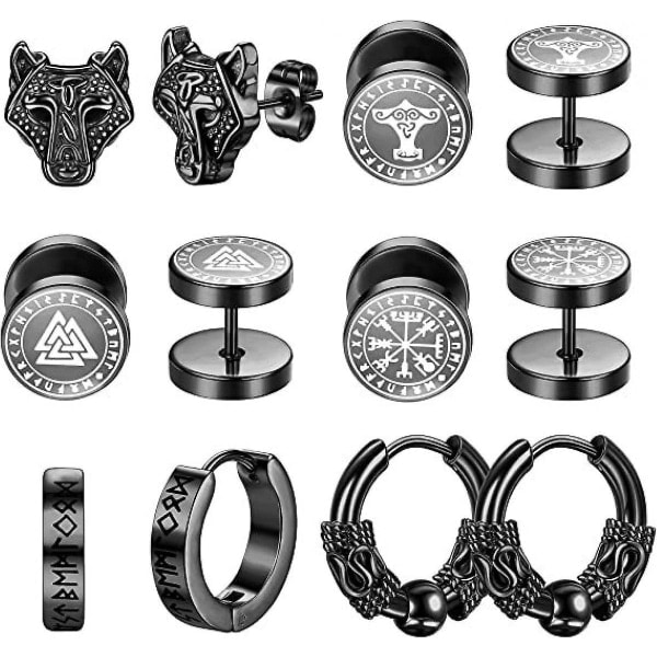 6 par Viking Hoop örhängen i rostfritt stål, retro mode örhängen för män