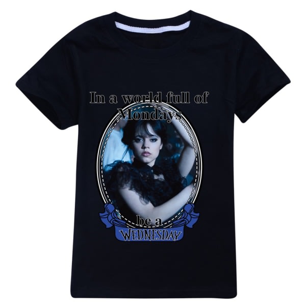 Addams Family Wednesday Kid Print Crew Neck kortärmad T-shirt sort 130cm