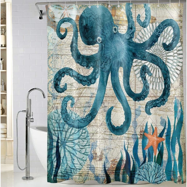 Octopus bruseforhæng 72 x 72 tommer, Ocean bruseforhæng til badeværelsesindretning, nautisk bruseforhæng med 12 kroge
