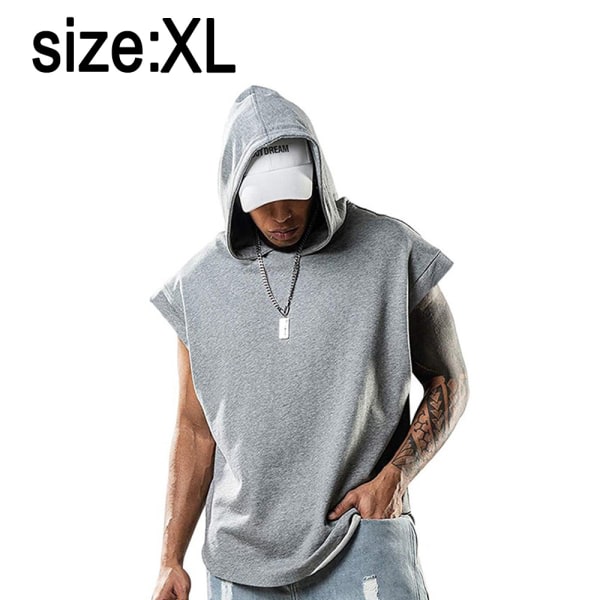 T-shirt med huva för herr ärmlösa gymtröjor - grå XXL CDQ