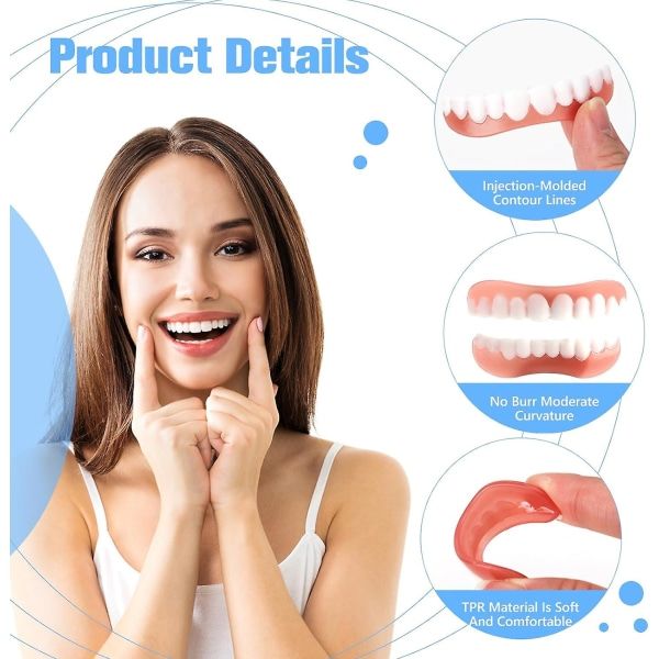 Veneer Tandprotes Set, 2-pack Övre och Nedre Falska Tänder, Ljusvit Nyans, Bekväma & Justerbara Falska Tänder (FMY)