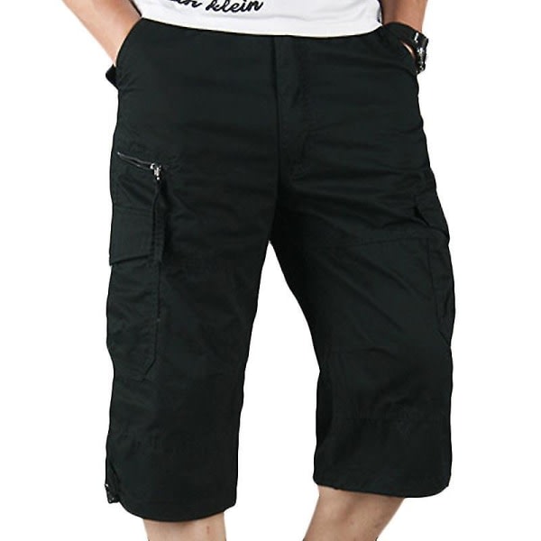 Män Plain 3/4 Längd Cargo Pants Combat Multi Pocket Black XL zdq