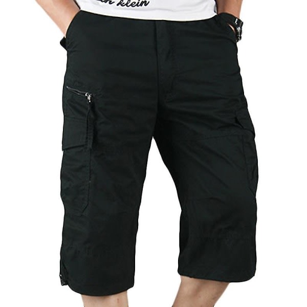 Män Plain 3/4 Längd Cargo Pants Combat Multi Pockets Sort XL zdq