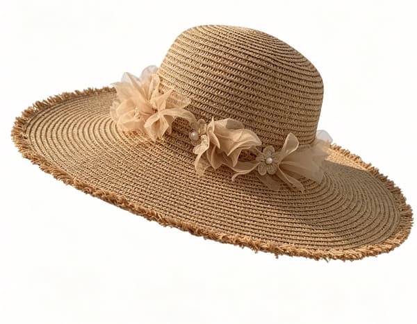 Dame Solhat med Bred Skygge, UPF 50+ UV-beskyttelse, Sammenfoldelig Stråhat med Blomsterkant til Strandrejser, Khaki