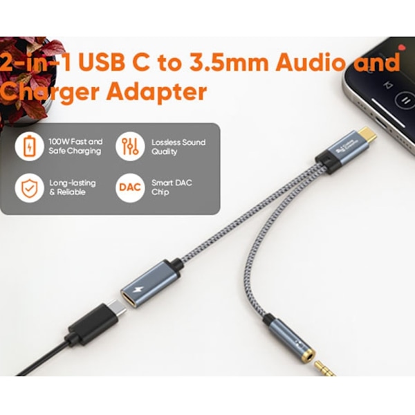 CableCreation 60W PD 2in1 USB-C - USB-C/AUX -sovitin Harmaa