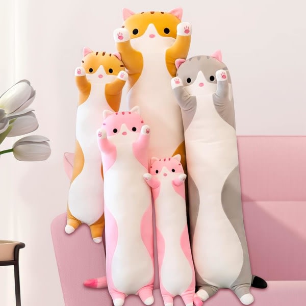 Kattkudde plysch tecknad kitty Sova kramande kudde, gosig mjuk lång kattunge Kroppskudde Docka Kattleksak för barn Flickvän (50 cm rosa)