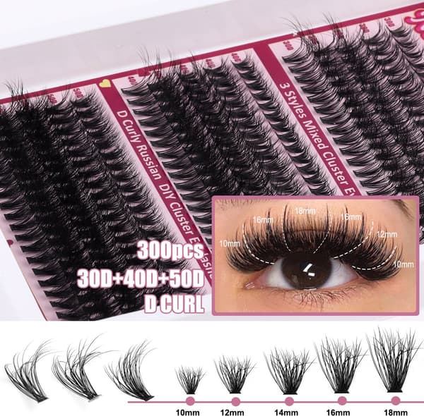 Eyelashes 300 pcs - 30D/40D/50D - D-curl 10-18 mm - Pre-made volume extensions - Cluster lashes - DIY