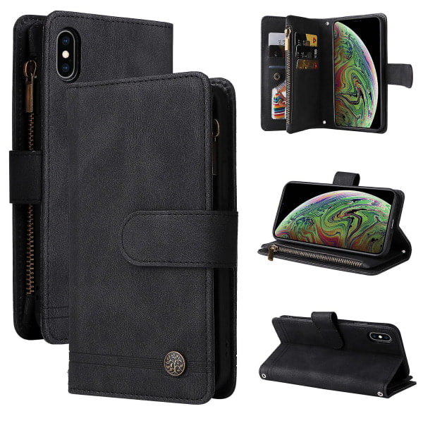 Case For Iphone Xs Max Läder Flip Folio Case Med Kreditkortshållare Pengarficka Magnetisk knapper Case Kickstand Shockproof Protec Black A