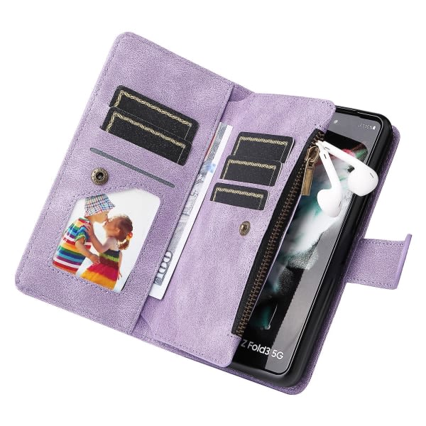 Case For Samsung Galaxy Z Fold 3 5g Läder Flip Case Med Kreditkortsholder Pengarficka Magnetisk knapper Case Kickstand Shoc Purple A