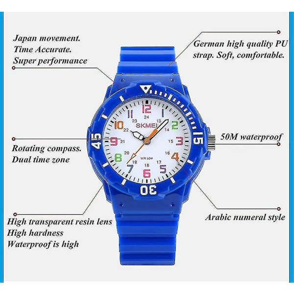 Barnur Drenge Analog Kvarts 50m Vandafvisende Ur Plast Og Gummi Roterende Rem Farve Urtavle Mode Armbåndsur Til Piger (Blå