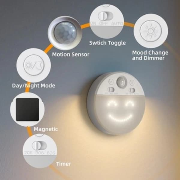 LED-natlampe med bevægelsessensor og 4 ansigtsudtryk, 2-pak 3000K