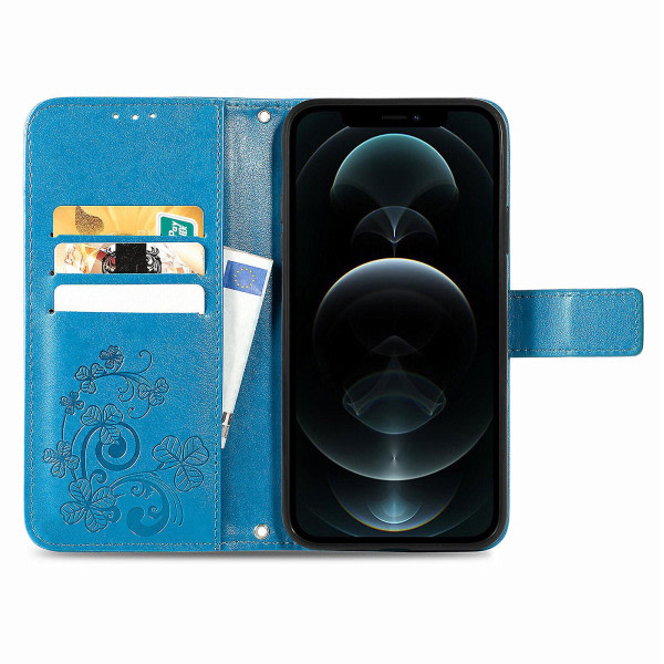 Veske til Iphone 12 Pro Cover Plånbok Clover Präglat beskyttende läder Telefonveske Magnetisk - Blå C2 A