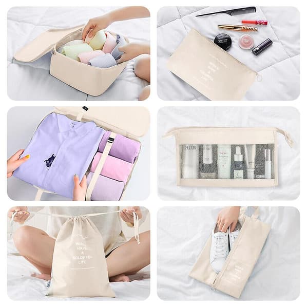 8-pack Organizer Set för Resväskor, Förvaringsväskor, Packningskuber, Resepåsar, Presenter Beige