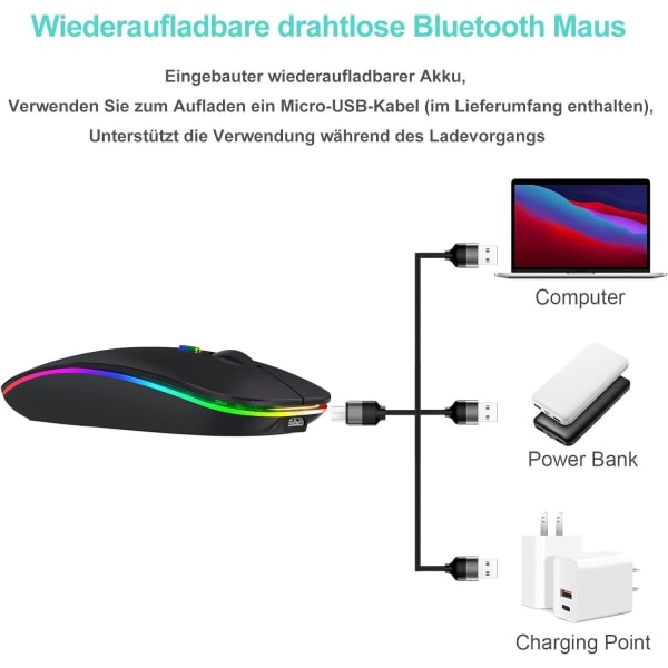 RGB LED Trådløs Mus Oppladningsbar Optisk Slim Tysta Möss USB For PC Laptop
