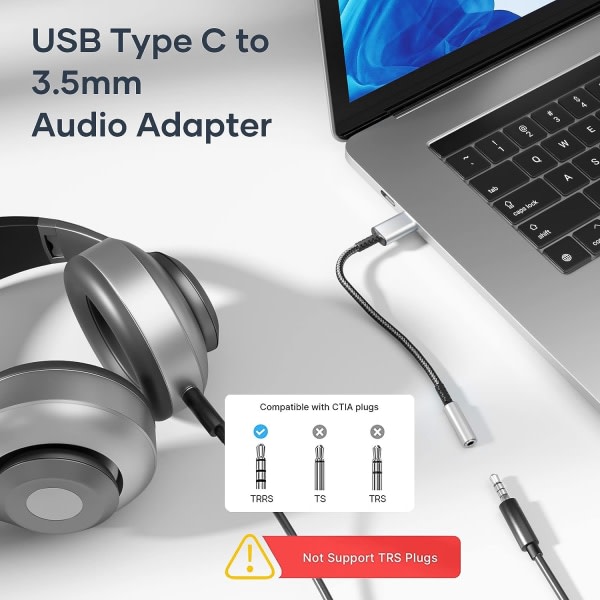 USB-C til 3,5 mm adapter for hodetelefonuttak, USB Type C lydkontakt adapter