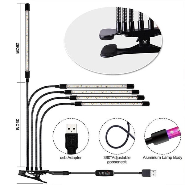 2/3/4 Hoved USB LED Plantevækstlys Indendørs UV VEG Dyrkningslampe Fuld Spektrum 4 Hoveder