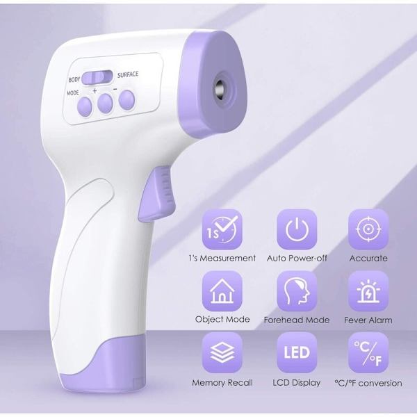 Voksen pandetermometer Infrarød termometer med feberalarm 2-i-1 Kontaktfri pandetermometer med hukommelsesfunktion, LCD-display