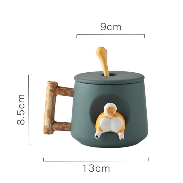Söta hundkoppar, keramisk kaffemugg med lock, söta tassar på toppen av skeden, söt tredimensionell design, med matt consistens, (420 ml grön T CDQ