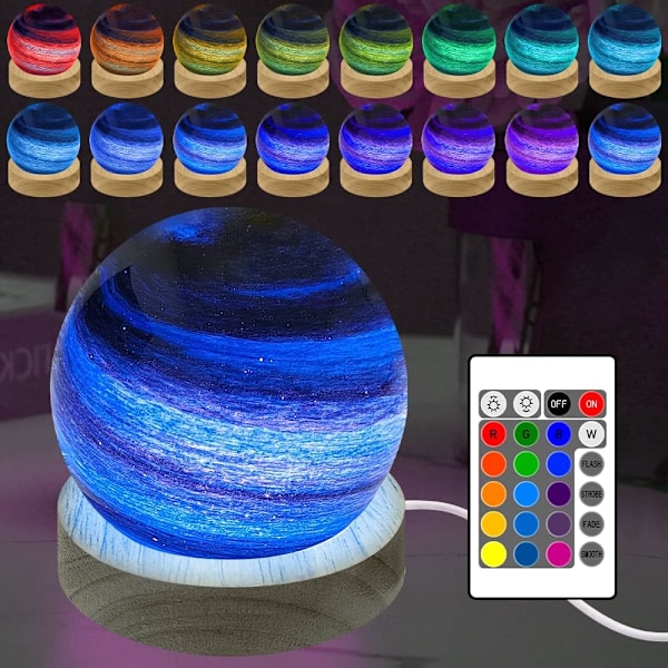 3D Planet Glaskula Nattlampa, Fjärrkontroll, 16 RGB-färger, Dimbar, Träbas (8cm) c c