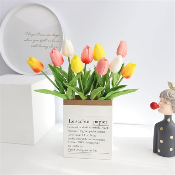 Kunstige tulipanblomster, kunstige blomster kunstige tulipaner 12 stk hvit tulipaner ekte berøringsfølelse bryllupsbukett for hjem hage fest Flo
