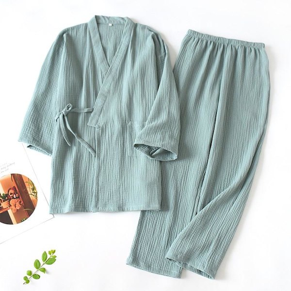 2023 Japansk Kimono Set 100% Bomull Pyjamas Tvådelad Par Yukata Lös Dam Träningsdräkt Ångbastu Hemset Grön Green M