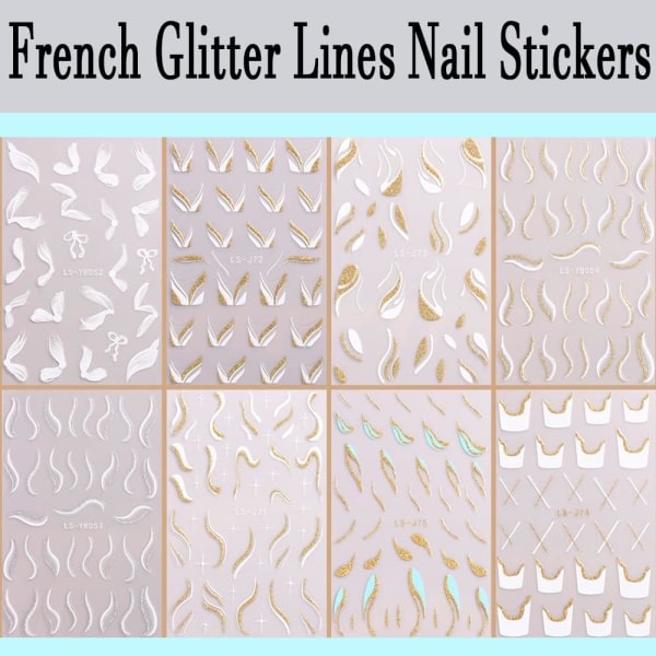 French Line Nail Stickers, 3D självhäftande franska Nageldekorationer Vågrandiga linjer V-formad nageldesign för manikyr DIY-nageldekoration (8 ark)