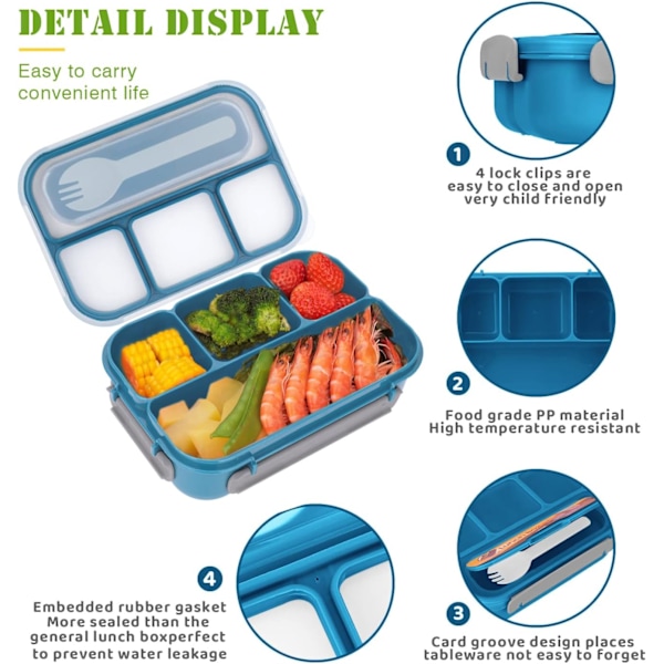 Bentobox för vuxna, läckagesäker matlåda för barn, tål diskmaskin, frys och mikrovågsugn, BPA-fri blue