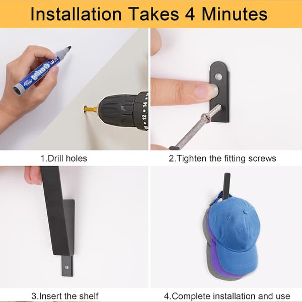 Hattehylle for hatteoppbevaring, allsidig hatteorganisator, sterke selvklebende hattekroker-tfrf black