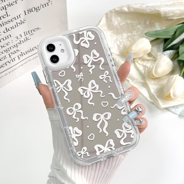 Kompatibelt med iPhone 12/12 Pro Skal Sött Spegel Rosett Kärlek Hjärta Mönster för Flickor Band Design Stötsäkert Skyddande Telefonskal iPhone 12/12 Pro