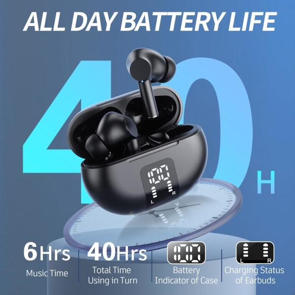 Bluetooth 5.3 trådløse hodetelefoner - HiFi-stereolyd, 40 timers spilletid, LED-skjerm, vanntette in-ear-hodetelefoner med mikrofon for iPhone/Samsung/Android